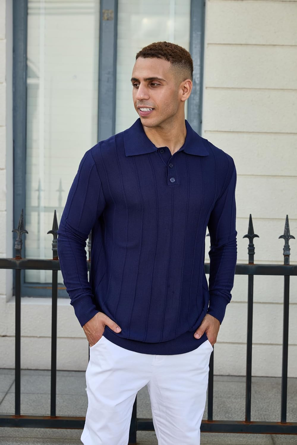 Mens Knit Polo Shirts Long Sleeve Casual Classic Polo Shirt Collared Ribbed Textured Pullover Sweater